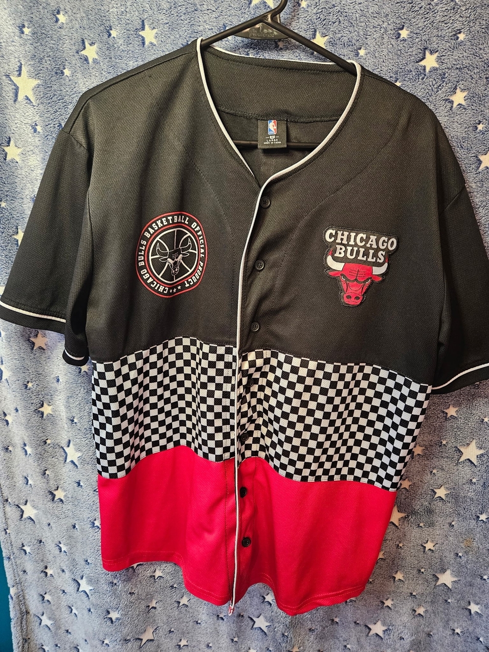 Chicago Bulls NBA Button Up Jersey Shirt Mens Large Checkerboard Baseball Style